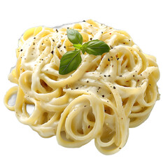 [Transparent Background PNG]Delicious Pasta with Creamy Alfredo Sauce and Basil