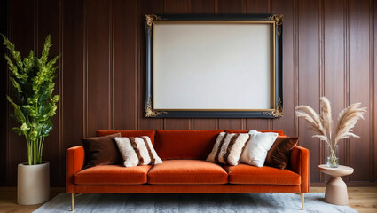 Sophisticated living space with dark wood panel wall, stylish orange sofa, empty picture frame, and green plant decor