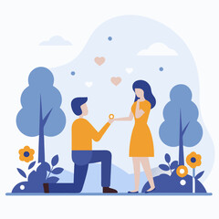 Fototapeta premium A man kneeling down to propose to a woman in a yellow dress. The woman is looking at the man with a surprised expression. The scene is set in a park with trees and flowers in the background