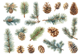 Watercolor pine branches. Fir tree cones christmas decoration, winter holidays set vector illustration