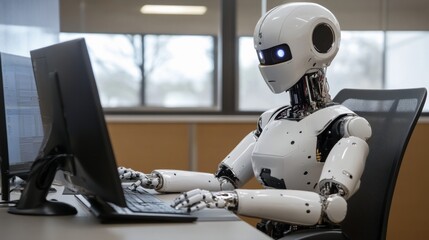 AI robot working in front of compute 