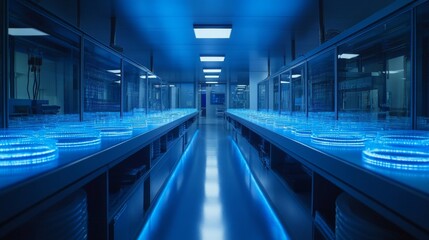 Fototapeta premium Rows of Circular Glassware Illuminate a Blue Laboratory Corridor