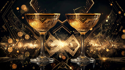 A roaring twenties flyer featuring gold and black art deco designs with detailed geometric patterns, high-end cocktail glasses, and a shimmering metallic finish for a luxurious feel.