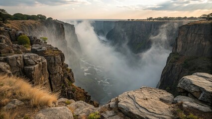 Fototapeta premium Deep chasm with mist-shrouded depths and rugged rocky edges, dark, jagged, expansive, abandoned, desolate