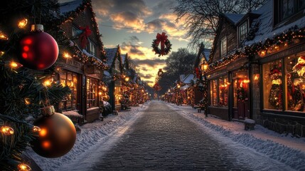 A charming winter street adorned with festive decorations and holiday lights at sunset.