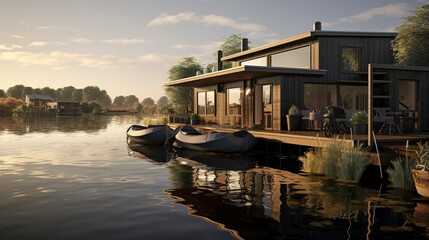 Obraz premium A photo of Houseboat Living Capturing Tranquil light