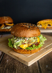 hamburger on a wooden table