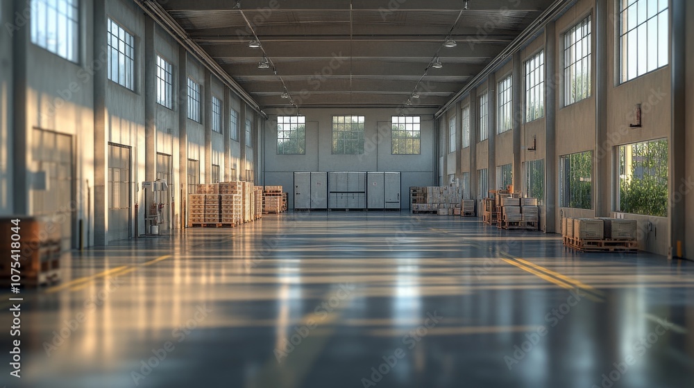 Poster empty warehouse with windows and stacked boxes on pallets