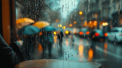 window, raindrops sliding down the glass, distorting the view of the busy street outside. 