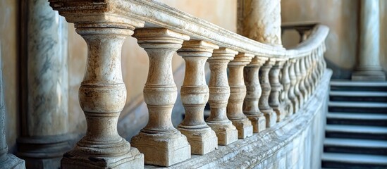 Antique marble pillars supporting elegant railing in a regal castle setting