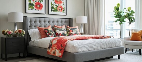 Bright spring bedroom featuring floral accents and framed art beside a chic grey bed designed for a minimalist aesthetic and filled with natural daylight