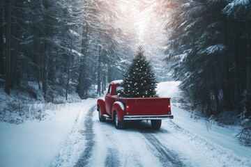 Vintage red pickup truck delivering christmas tree on a snowy forest road