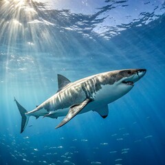 Fototapeta premium Majestic great white shark in clear ocean waters.