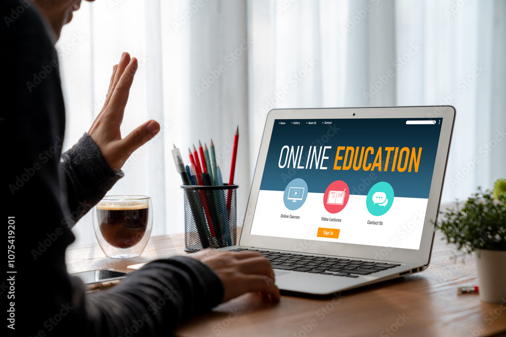 Poster e-learning website with modish sofware for student to study online on the internet network