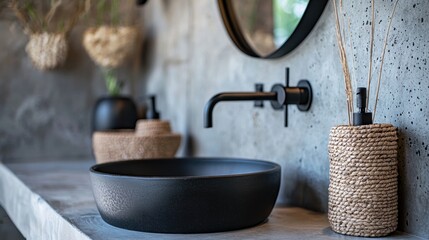 A black sink with a mirror above it and a few decorative items on the counter