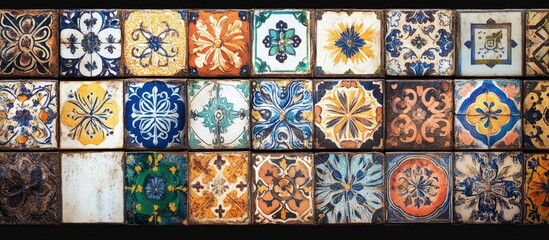 Antique ceramic tiles with intricate patterns adorning a weathered wall showcasing historical craftsmanship