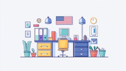 Colorful office workspace with plants and decor.
