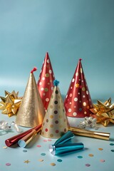 Foto de estudio de un conjunto de sombreros y sopladores de fiesta de Nochevieja, dispuestos sobre un fondo limpio con un amplio espacio para copiar.