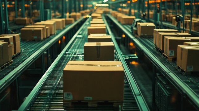 Cardboard Boxes Moving on a Conveyor Belt in a Warehouse