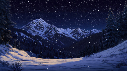 Fototapeta premium serene winter landscape featuring snow covered mountains under starry night sky. scene captures beauty of nature with falling snowflakes and evergreen trees