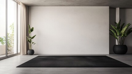 A large empty room with a black carpet and two potted plants
