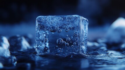 Close-up of melting ice cube with bubbles captured in dynamic detail