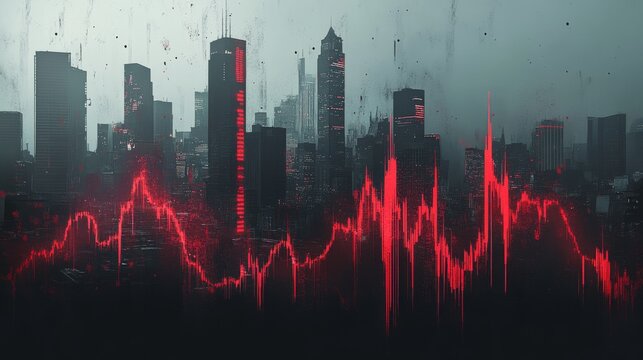 Red Data Fluctuations Over a City Skyline
