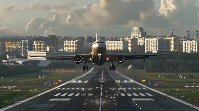 Airbus A380 Airplane Taking Off from Airport Runway.