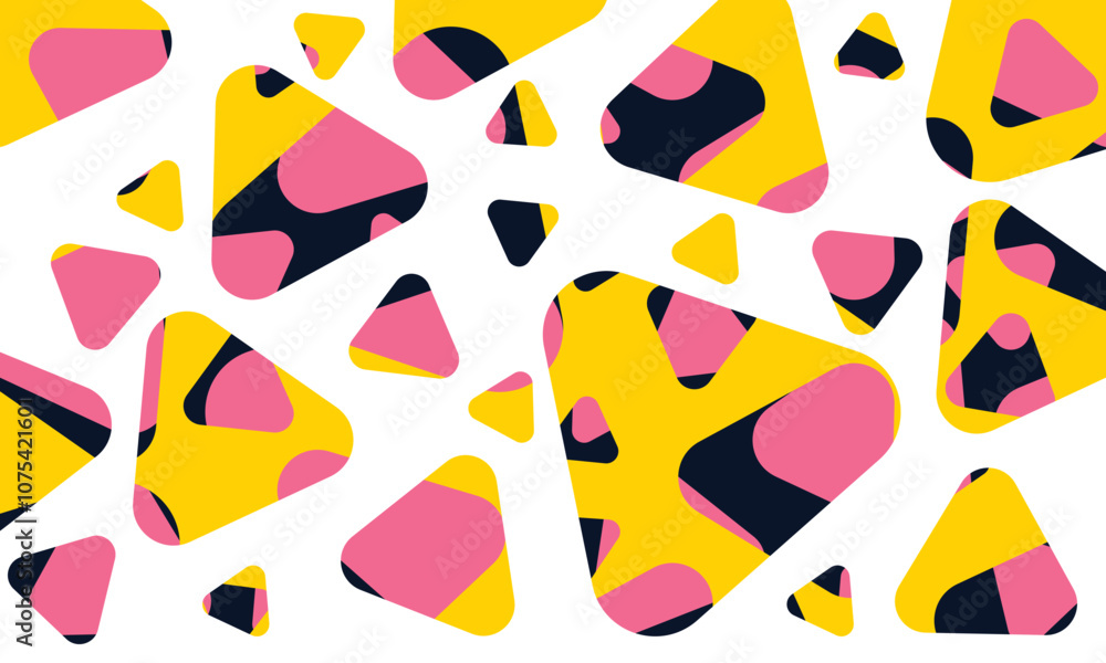 Poster seamless vector pattern, with colorful rounded triangles on abstract background.