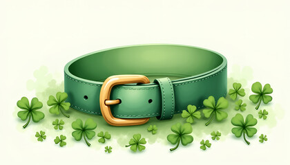 Leprechaun belt surrounded by shamrocks on a light background