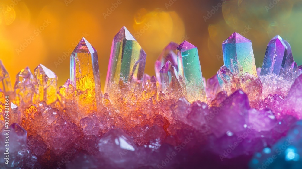 Poster close-up of iridescent crystal points in a cluster