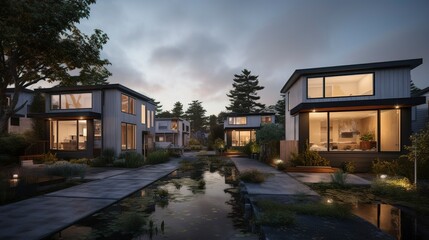 Obraz premium A photo of Minimal Cohousing Homes Reflecting light