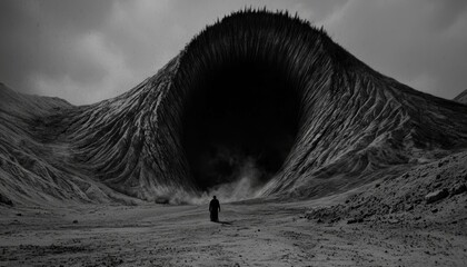 A shadowy demon emerging from a swirling vortex of dark energy in a desolate landscape