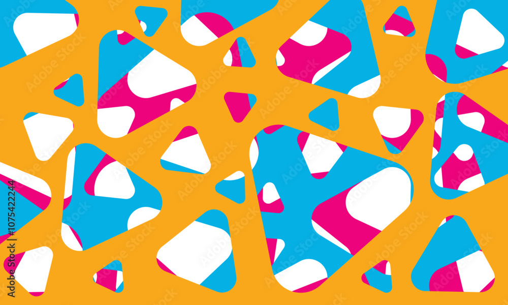 Poster seamless vector pattern, with colorful rounded triangles on abstract background.