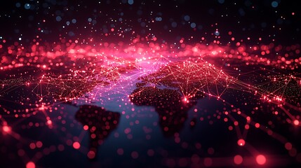 Obraz premium A stylized image of the world with glowing red lines connecting different locations, representing global communication, networks, and connections.