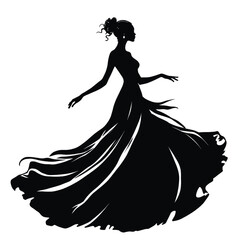 A vector silhouette of a fashionable woman wearing an elegant gown dress,