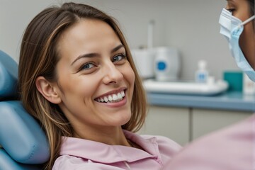 Fototapeta premium Smiling Patient at Dental Clinic During Oral Examination