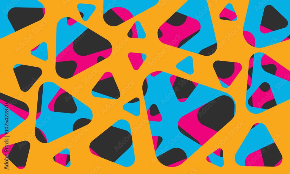 Poster seamless vector pattern, with colorful rounded triangles on abstract background.