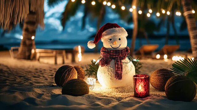 Creative a sandman instead of a snowman wearing a Santa hat and scarf on the beach, surrounded by tropical Christmas decorations like coconuts

