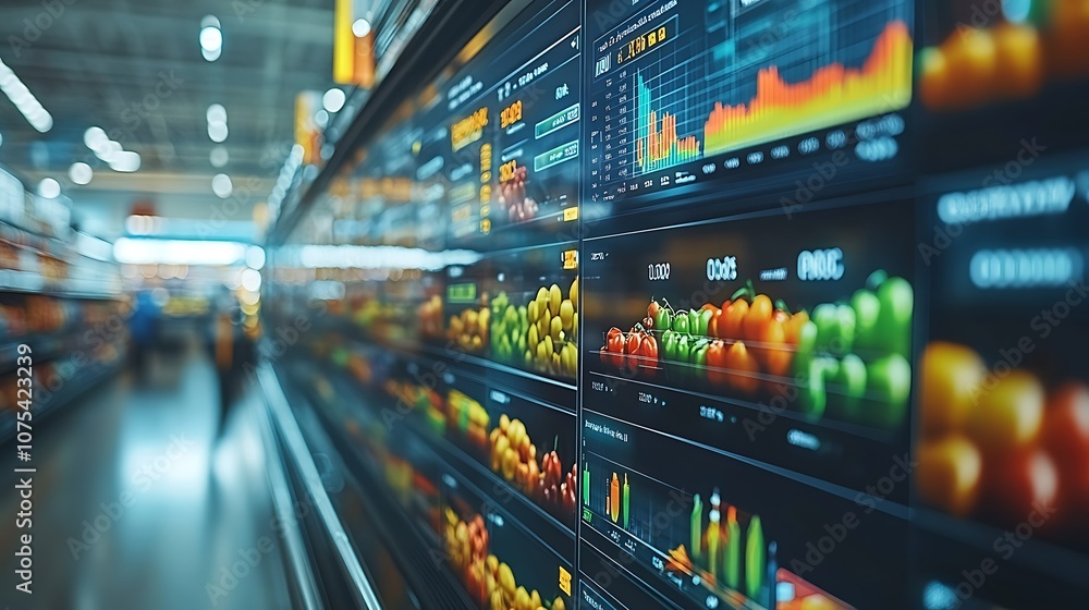 Poster A supermarket aisle with digital screens displaying graphs and images of produce.