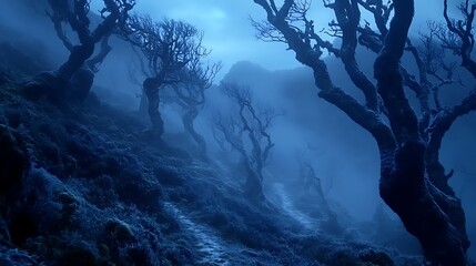 Fototapeta premium A Mysterious Pathway Through a Foggy, Silhouetted Forest