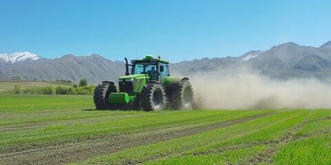 Obraz premium A modern tractor plowing a green field, with black and green accents. Mountains in the background and a clear blue sky. Dust trails behind the tractor, captured from a dynamic low angle.