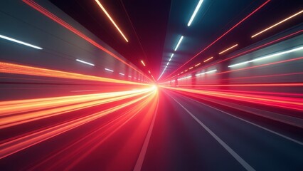 Futuristic tunnel with blurred light trails symbolizing speed and motion in urban transit
