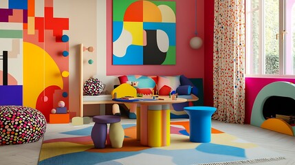 Colorful Playroom Interior with Geometric Shapes and Patterns