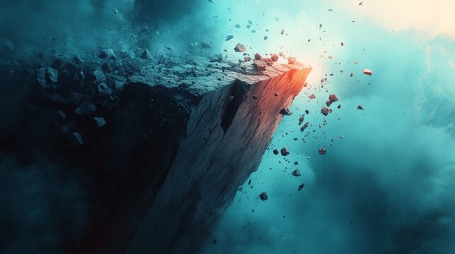 A Cliff Breaking Apart With Debris Flying Away