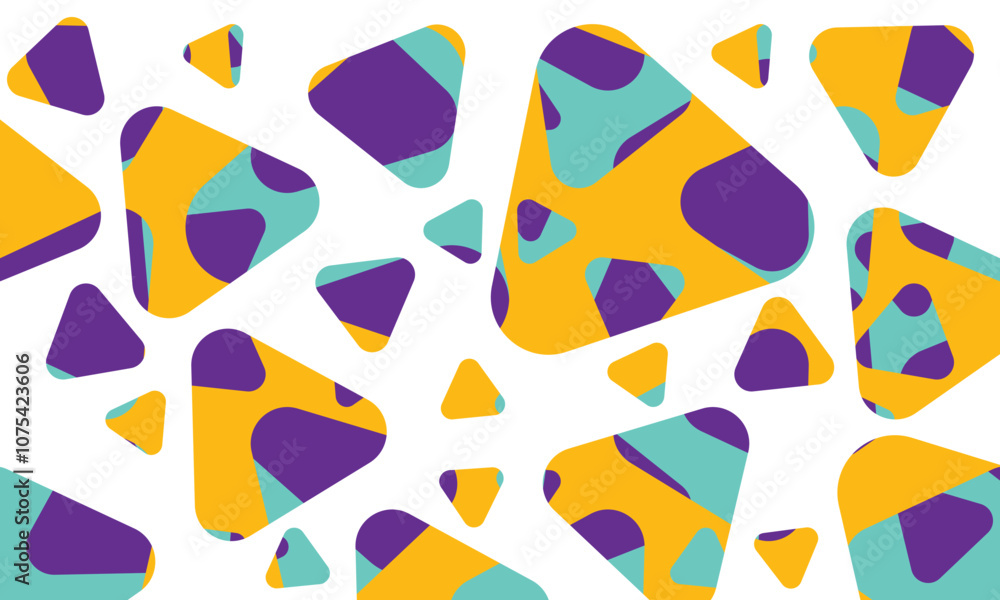 Poster seamless vector pattern, with colorful rounded triangles on abstract background.