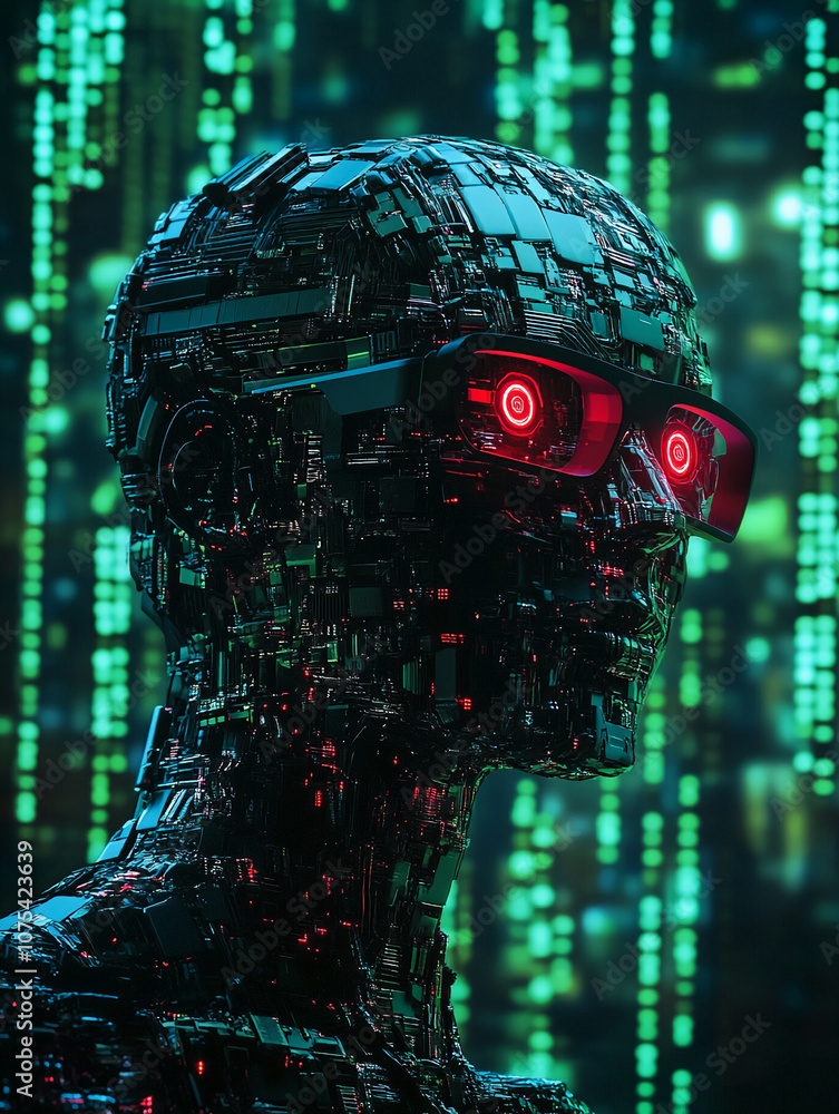 Aufkleber a robotic head with glowing red eyes stands in front of a digital green background