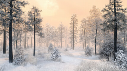 serene winter landscape featuring snow covered trees and soft orange sky, evoking peaceful and tranquil atmosphere