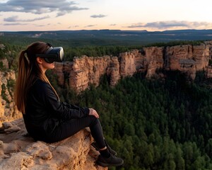 Woman in VR headset on a cliff