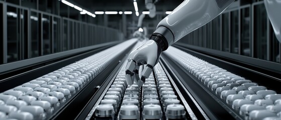 A robotic arm assembling intricate components on a manufacturing line, surrounded by precise automation